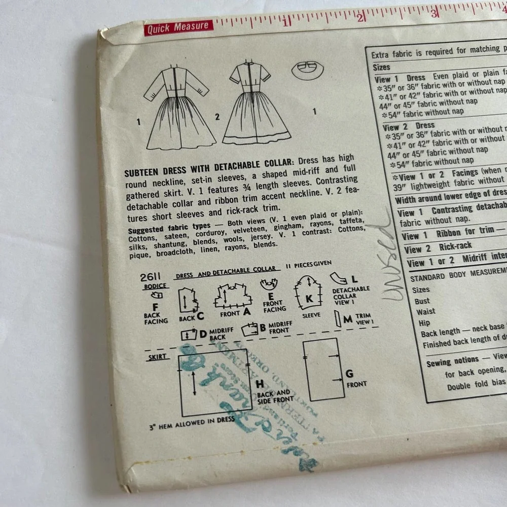 Simpilcity Vintage 50's Pattern #2611‎ Dress Detachable Collar Size Sub-Teen 8S
